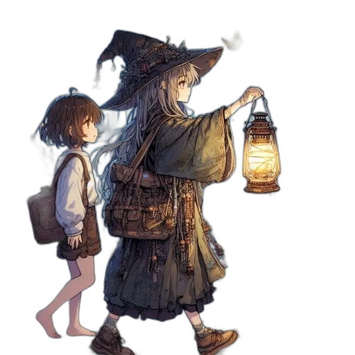 bottle, hat, dress, staff transparent PNG cut-out