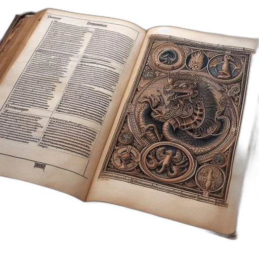 dragon, sword, antique, leather-bound transparent PNG cut-out