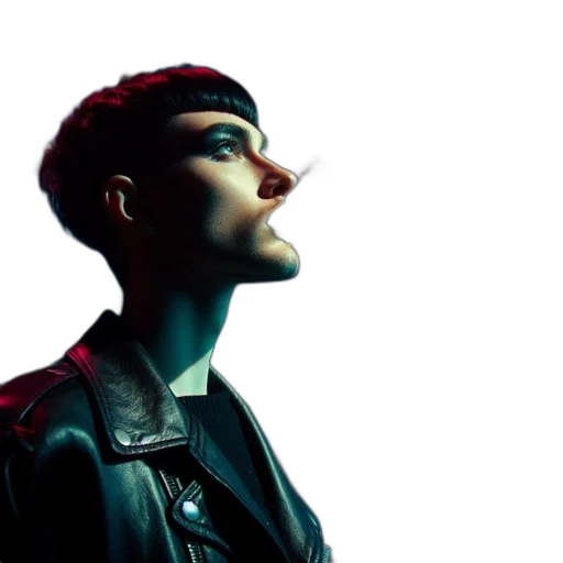 jacket, face, neon lights, vivid transparent PNG cut-out