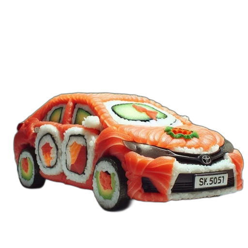 car, 3d render, photorealistic, sushi-themed transparent PNG cut-out
