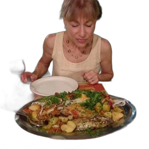 food, woman, sits, table transparent PNG cut-out