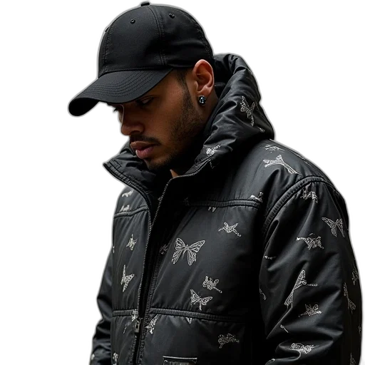 jacket, hat, photorealistic, dark transparent PNG cut-out