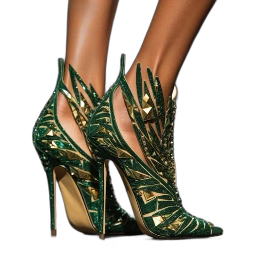 shoes, green, shimmering, feather-inspired transparent PNG cut-out