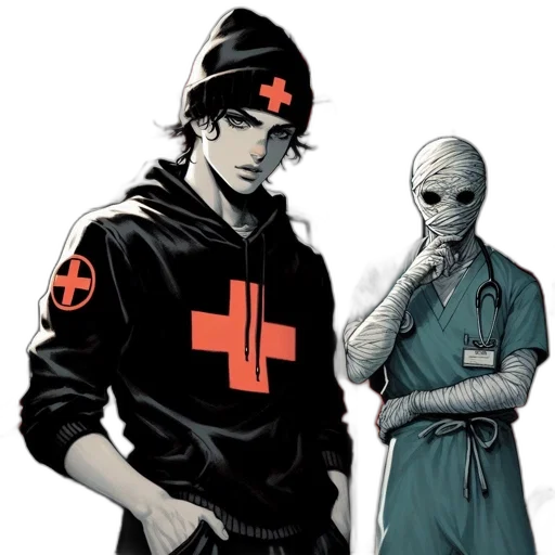 staff, jacket, mask, comic book art transparent PNG cut-out