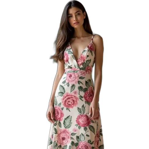 dress, floral, neck, midi transparent PNG cut-out