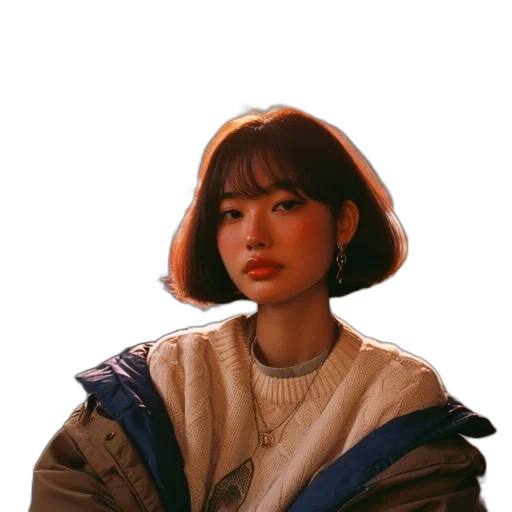 jacket, face, hair, jewelry transparent PNG cut-out