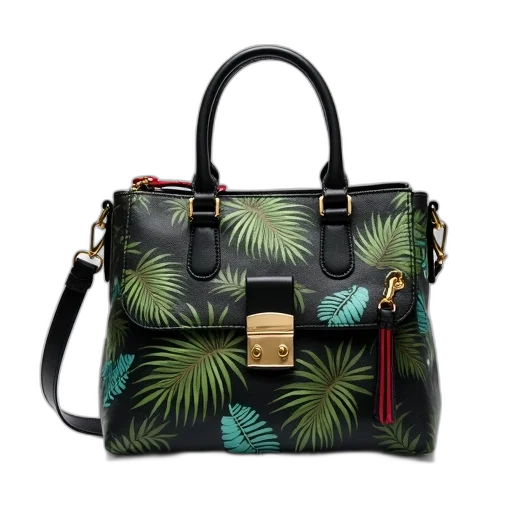 black, leather, handbag, tropical transparent PNG cut-out