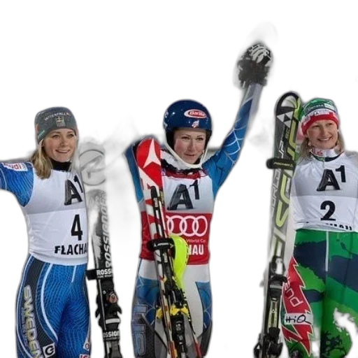 three, skiers, stand, podium transparent PNG cut-out