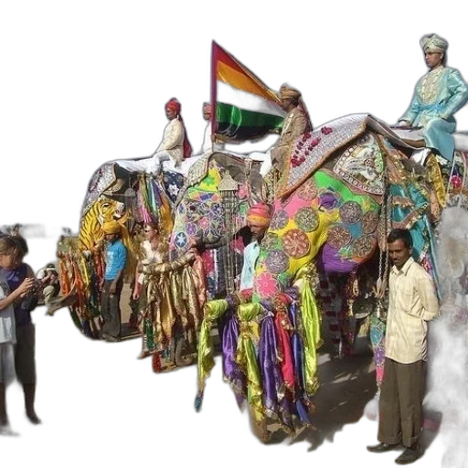 staff, group, elephants, decorated transparent PNG cut-out