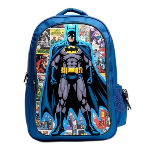 comic book art, blue, backpack, batman transparent PNG cut-out