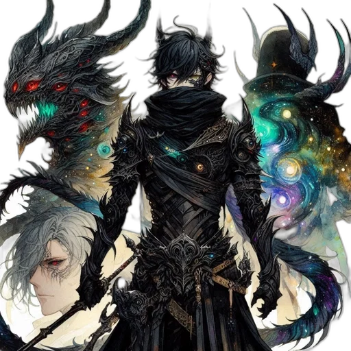 dragon, mask, staff, fantasy art transparent PNG cut-out