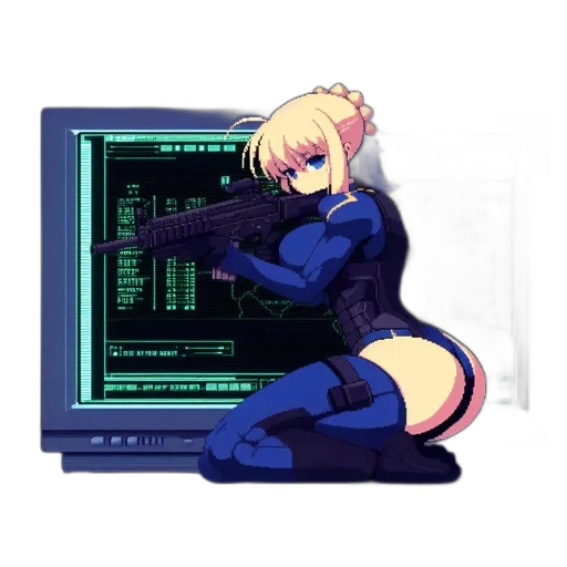 robot, jacket, weapon, pixel art transparent PNG cut-out