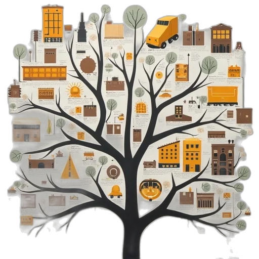 tree, concept art, city street, earth tones transparent PNG cut-out
