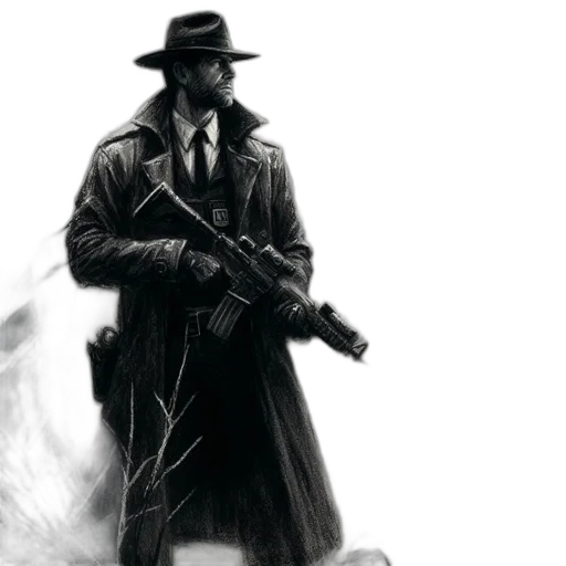 weapon, jacket, hat, concept art transparent PNG cut-out