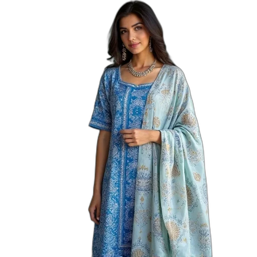 dress, blue, printed, straight transparent PNG cut-out