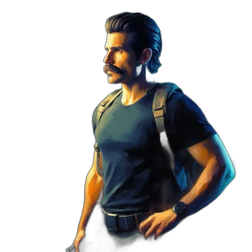 jacket, face, staff, weapon transparent PNG cut-out