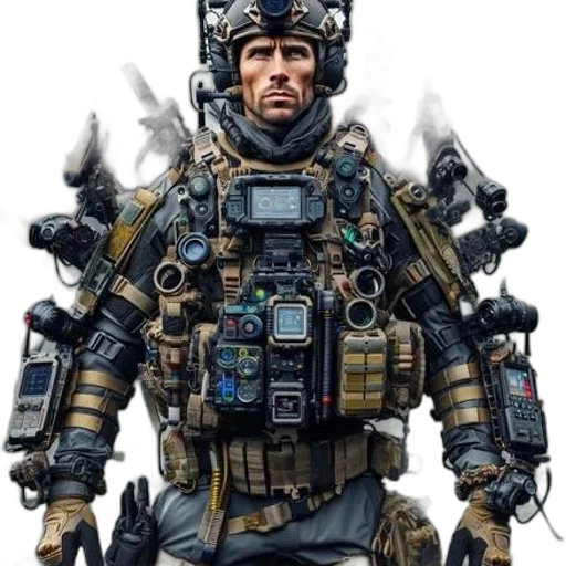 robot, weapon, jacket, face transparent PNG cut-out