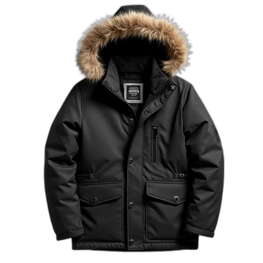 jacket, black, winter, fur-lined transparent PNG cut-out