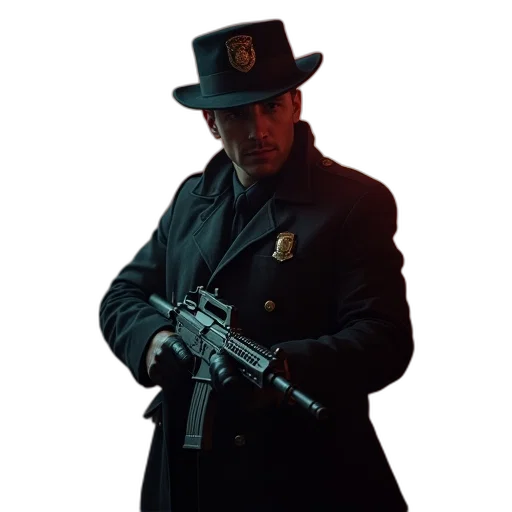 weapon, staff, hat, jacket transparent PNG cut-out