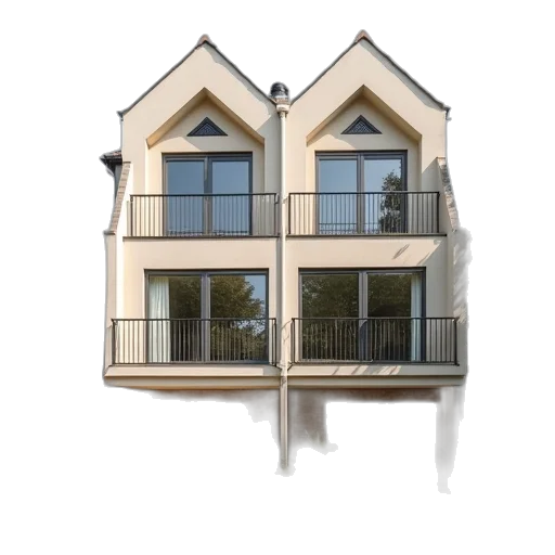 building, 3d render, photorealistic, two transparent PNG cut-out