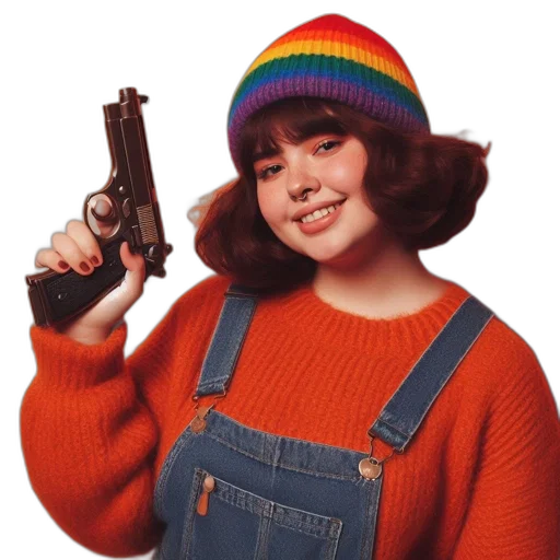 weapon, hat, hair, jacket transparent PNG cut-out