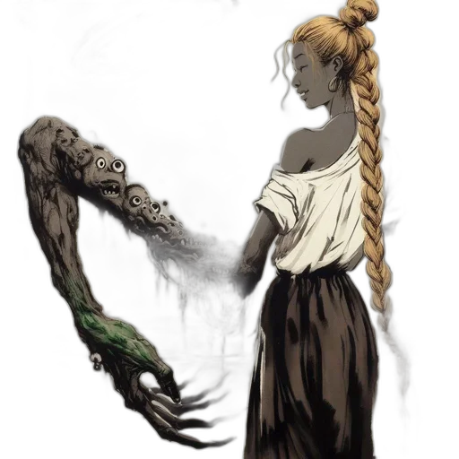 creature, dress, hair, staff transparent PNG cut-out