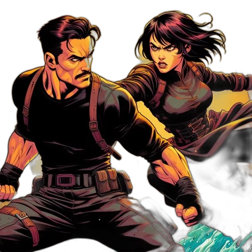 comic book art, concept art, two, characters transparent PNG cut-out