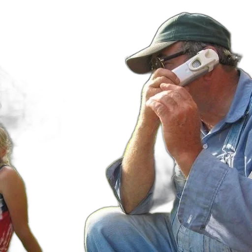 man, overalls, talking, cell transparent PNG cut-out
