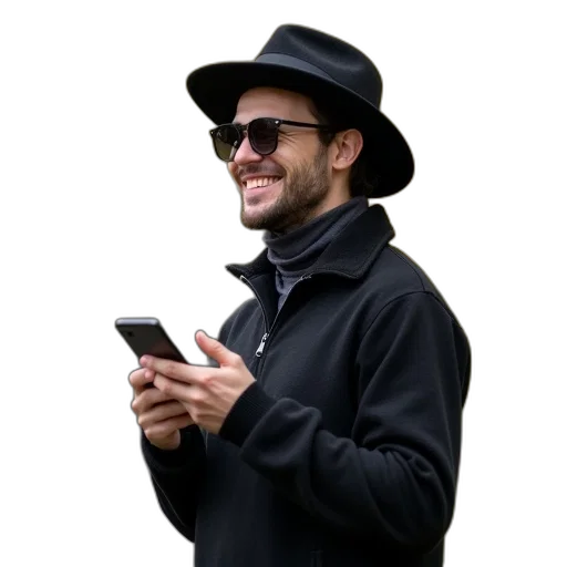 hat, jacket, staff, face transparent PNG cut-out