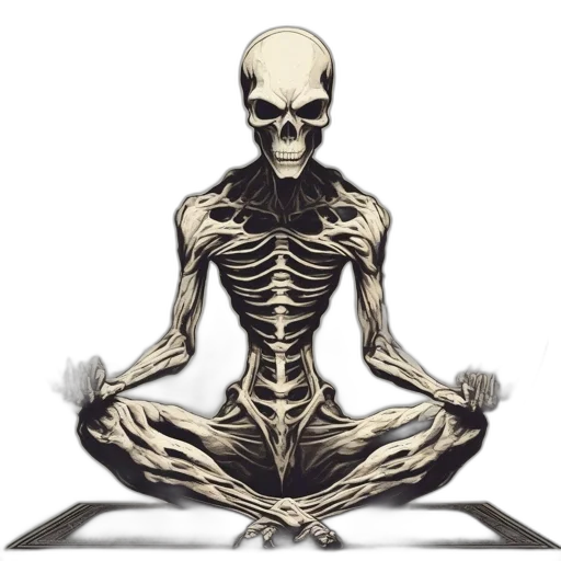 skeletal, figure, adopts, meditative transparent PNG cut-out