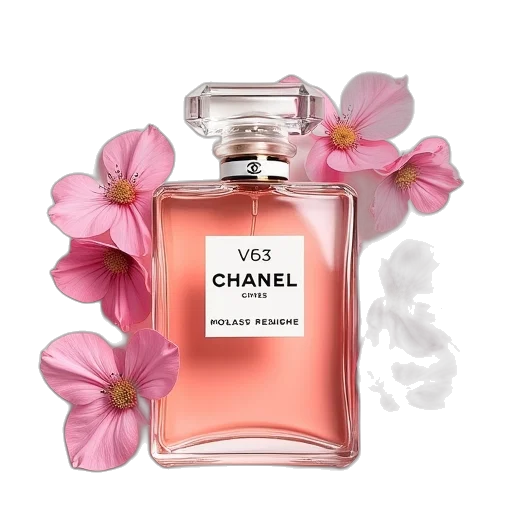 bottle, flower, photorealistic, chanel transparent PNG cut-out
