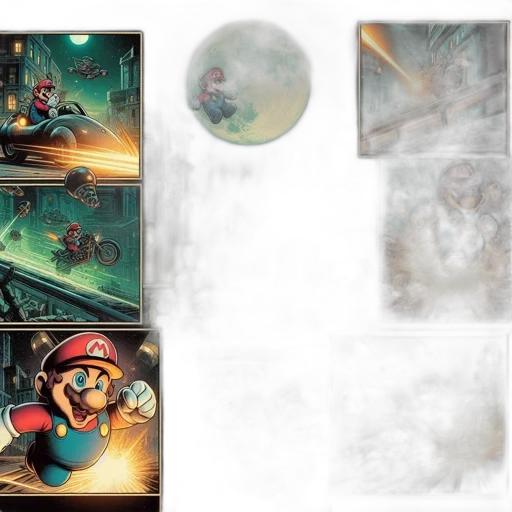 concept art, comic book art, collage, mario transparent PNG cut-out
