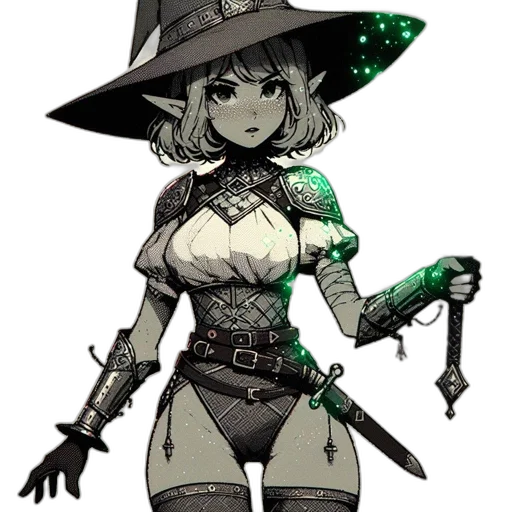 staff, hat, dress, weapon transparent PNG cut-out
