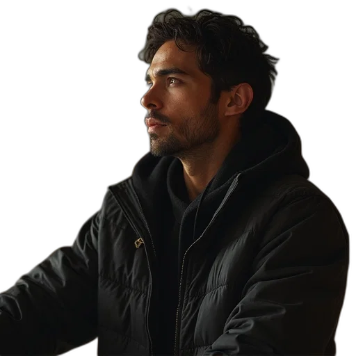 jacket, staff, face, photorealistic transparent PNG cut-out