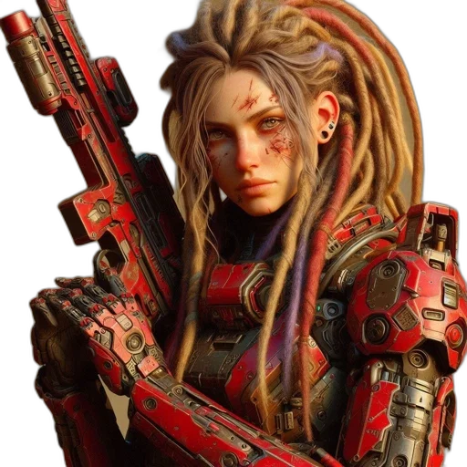 weapon, robot, face, hair transparent PNG cut-out