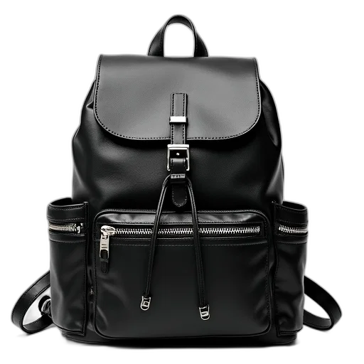 black, leather, backpack, front transparent PNG cut-out