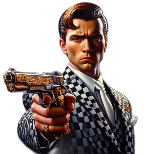 weapon, jacket, face, photorealistic transparent PNG cut-out