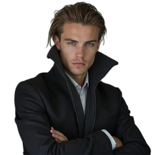 jacket, staff, face, photorealistic transparent PNG cut-out