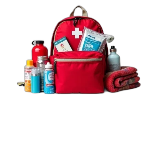 red, backpack, various, emergency transparent PNG cut-out