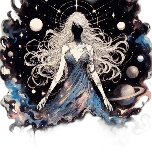 dress, staff, hair, creature transparent PNG cut-out