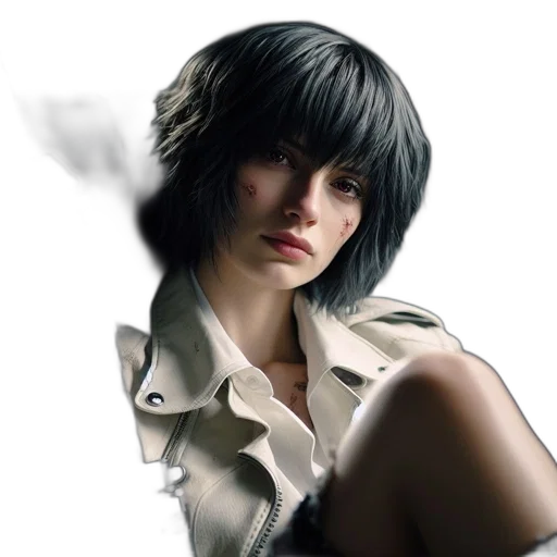 jacket, hair, face, photorealistic transparent PNG cut-out