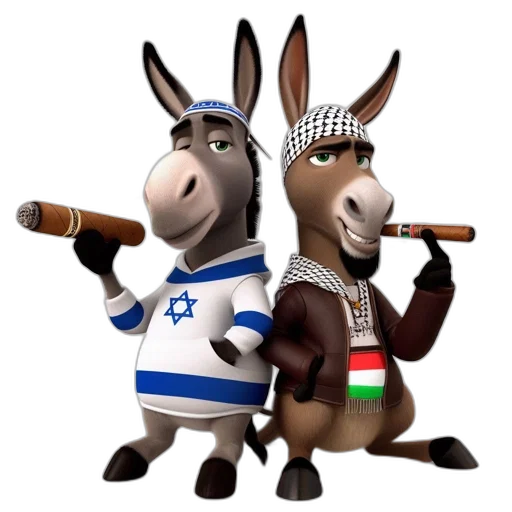 cartoon, two, anthropomorphic, donkeys transparent PNG cut-out