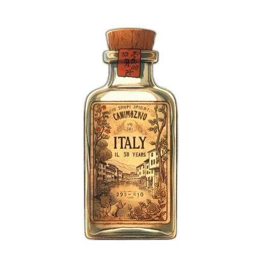 bottle, photorealistic, antique, labeled transparent PNG cut-out