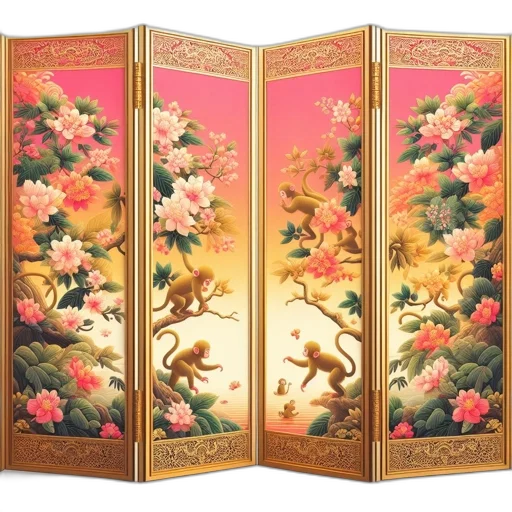 forest, golden, folding, screen transparent PNG cut-out