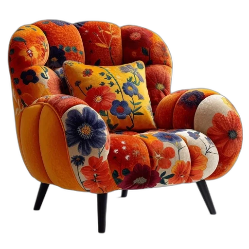 furniture, vibrant, floral-patterned, chair transparent PNG cut-out