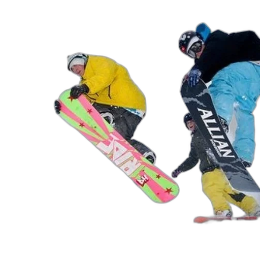 snow, three, snowboarders, mid-air transparent PNG cut-out