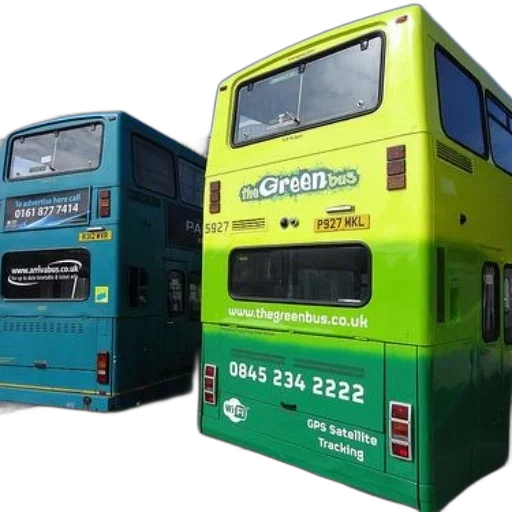 two, double-decker, buses, one transparent PNG cut-out