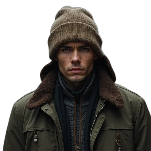 jacket, hat, face, photorealistic transparent PNG cut-out