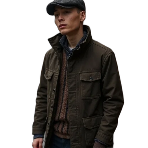jacket, hat, photorealistic, earth tones transparent PNG cut-out