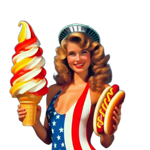 food, vaporwave, woman, flag-themed transparent PNG cut-out